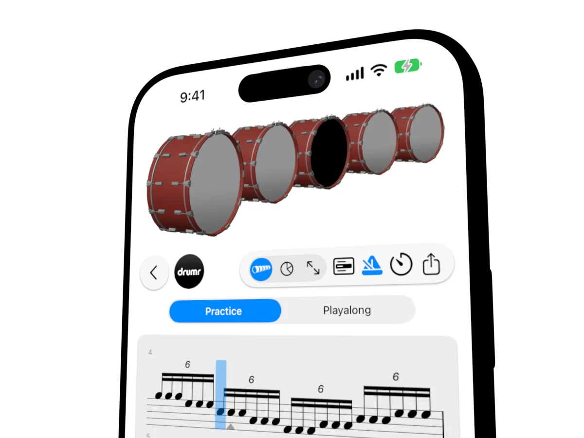 Drumr on iPhone in BasslineView: five bass drums above a sextuplet bassline part, with the drum being played darkened as the cursor reaches its note