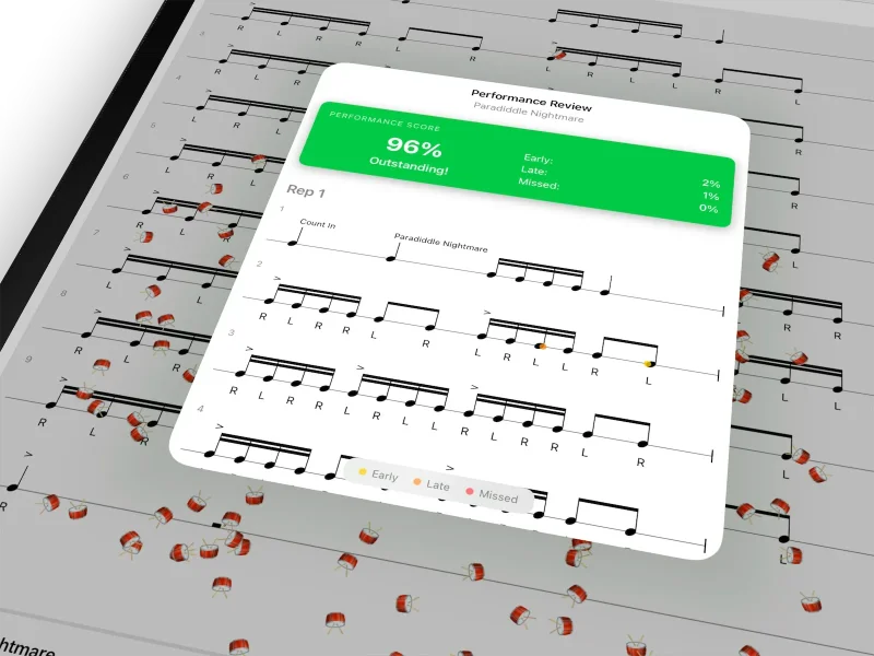 Drumr on iPad playing Paradiddle Nightmare, a marching snare part, as the cursor follows each note, then a Performance Review scoring the rep 96 percent