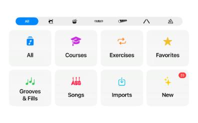 Drumr Library filters for choosing a category, level, and score
