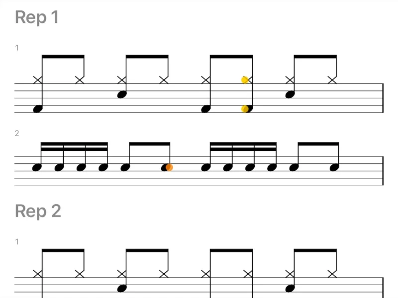 Drumr on iPhone playing 8th & 16th Fills by Geoff Fry at 100 bpm in KitView as each drum lights up, then a Performance Review scoring the rep 92 percent and zooming in on the early and late notes marked on the notation
