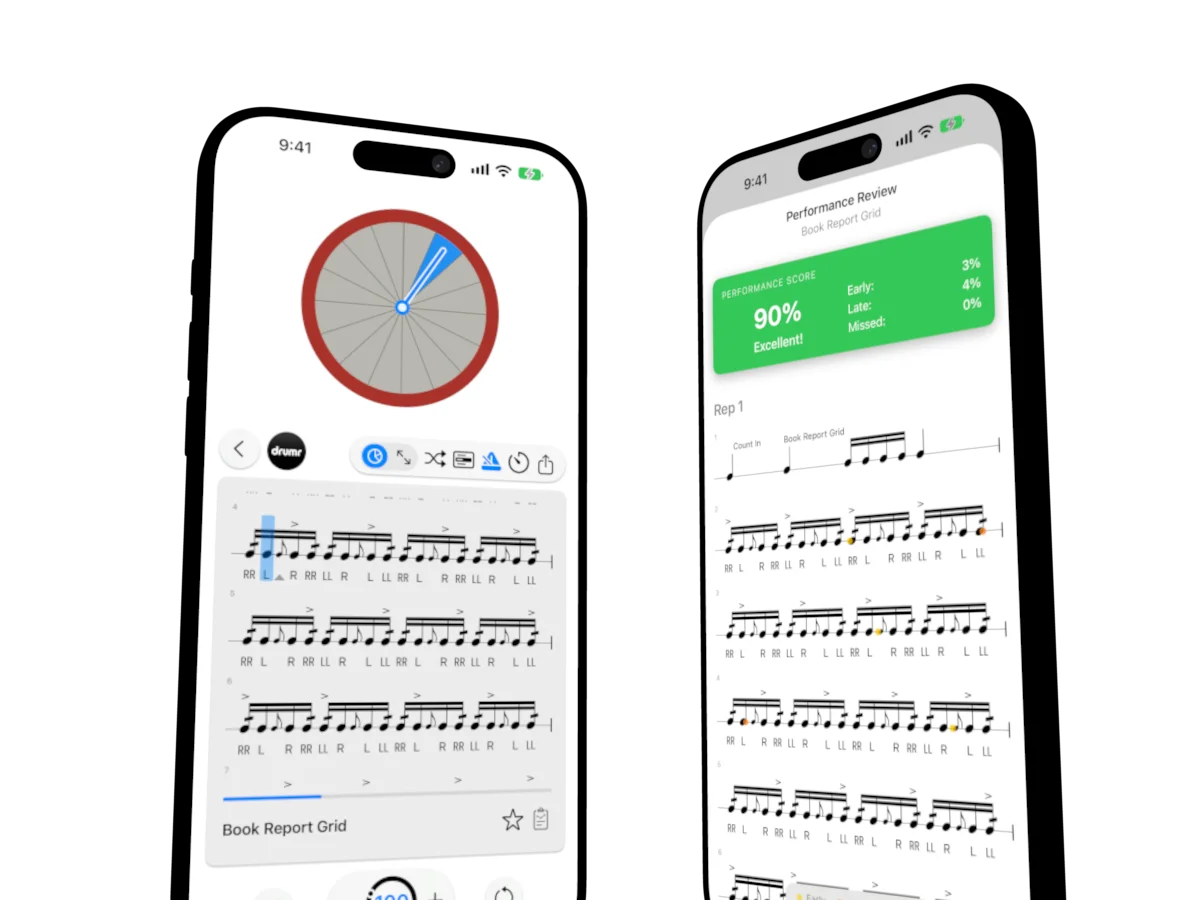 Two iPhones running Drumr: Book Report Grid by Geoff Fry, a marching snare grid, playing in PieView, and its Performance Review scoring the rep 90 percent, with early and late notes marked on the notation