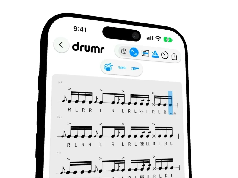 Drumr on iPhone in Practice, highlighting each measure of a marching snare part as it plays, with the Snare, Tenors, and Bassline buttons above the score
