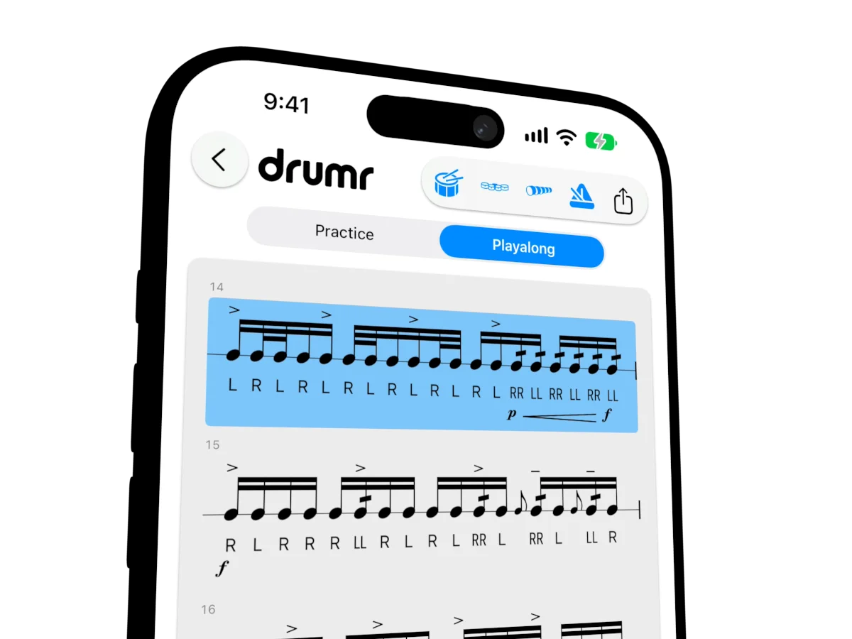 Drumr on iPhone in Playalong, highlighting measure 14 of a marching snare part, with the Snare, Tenors, Bassline, and metronome buttons in the toolbar