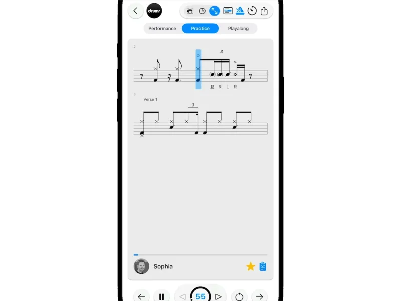 Drumr on iPhone: looping measures 2 to 5, then 2 to 3, choosing the Up-Down tempo mode from 55 to 85 bpm, and playing as the cursor follows each note