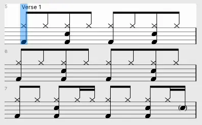 Drumr notation with the cursor snapping to each note as it plays