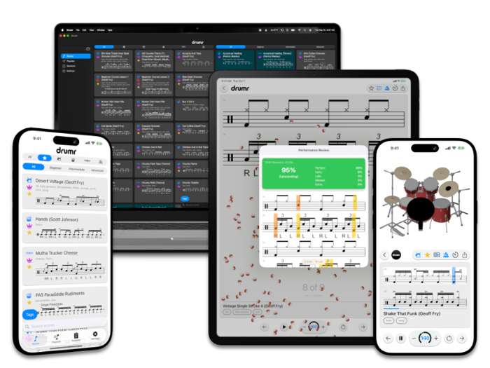Drumr app running on iPhone, iPad, and Mac