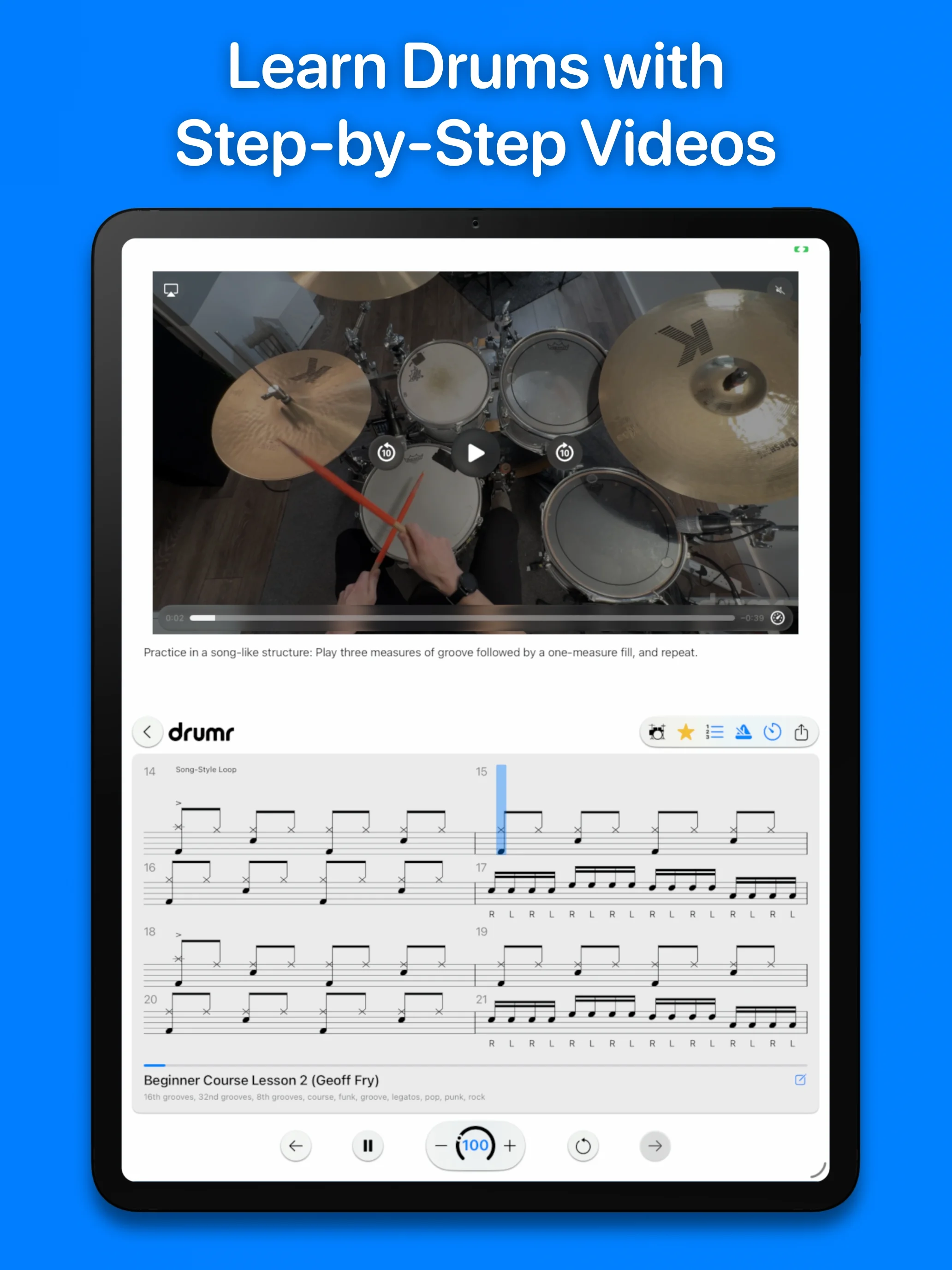Drumr on iPad - Full screen player