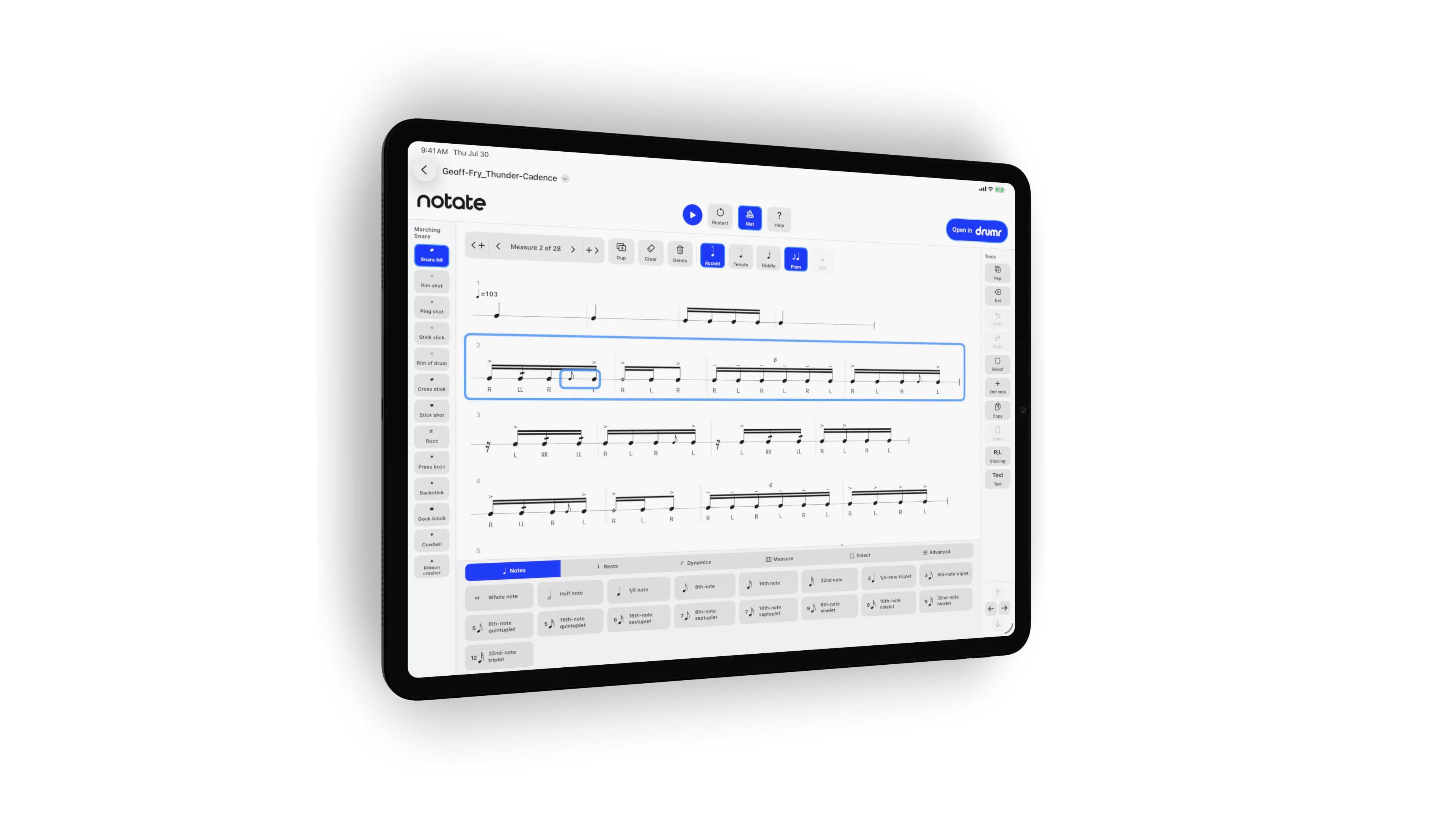 Drumr Notate running on iPad, showing a marching snare score