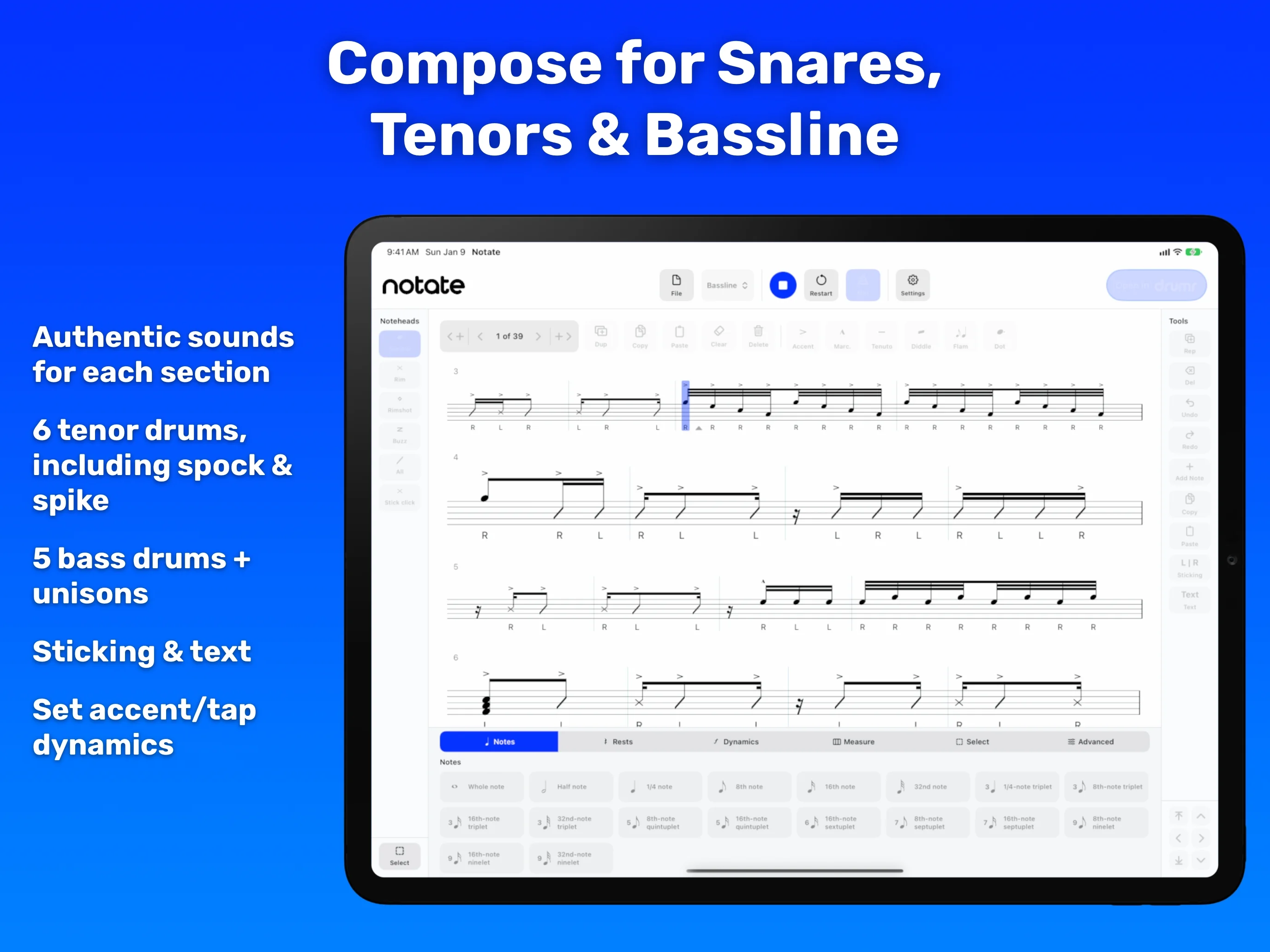 Notate on iPad - Compose for snares, tenors and bassline