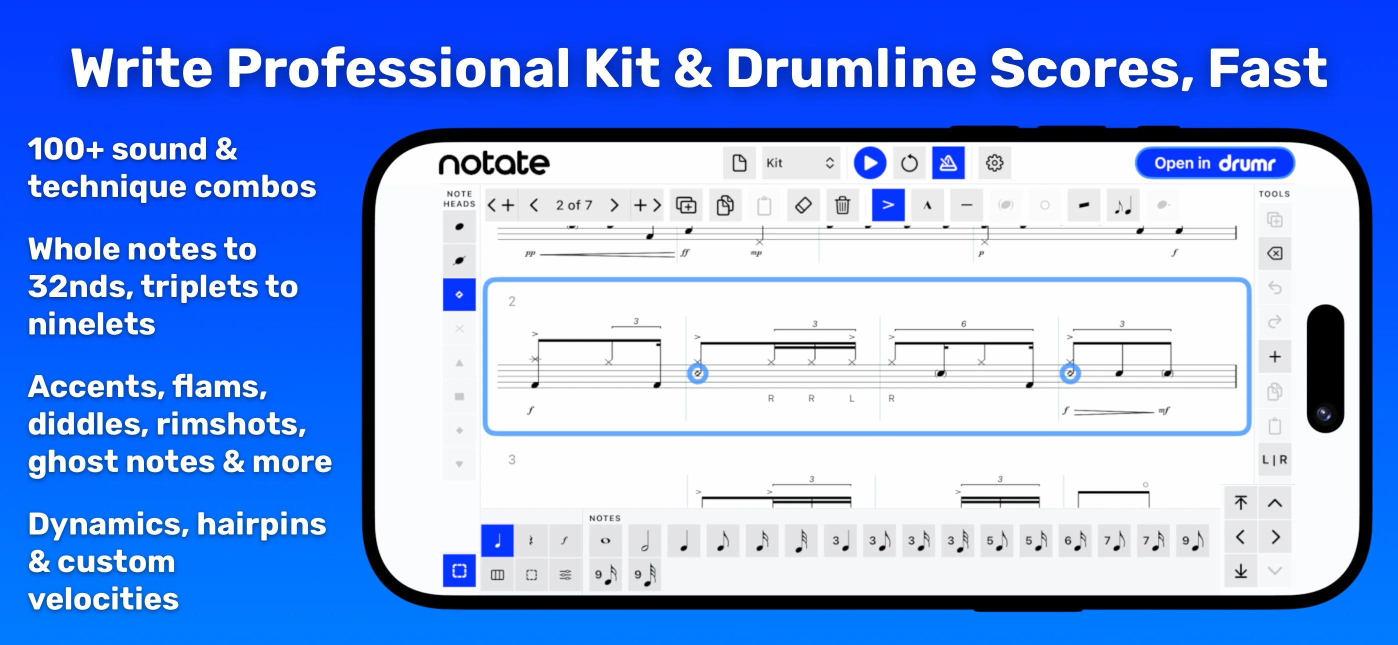 Notate on iPhone - Write professional kit and drumline scores, fast