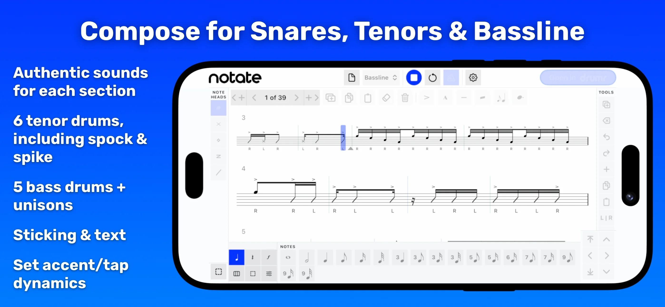 Notate on iPhone - Compose for snares, tenors and bassline